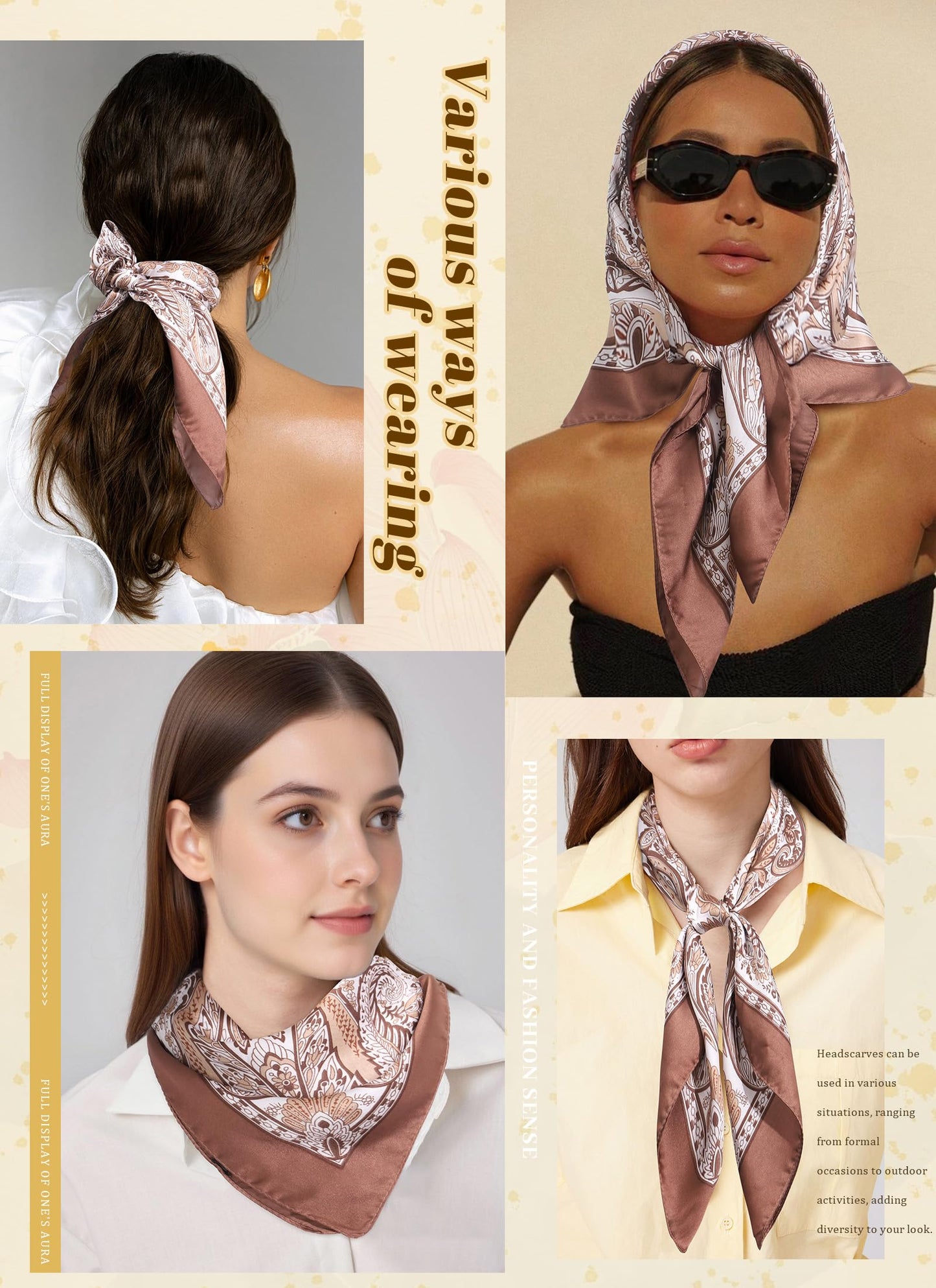 CHLINS 27.5” Square Head Scarf for Women Satin Hair Scarf Silk Wrap Neck Scarves Bandanas for Handbags Accessories WN420