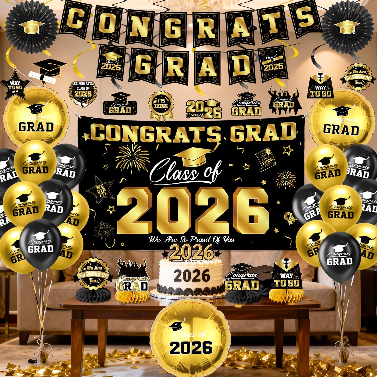Graduation Decorations 2026-Blue and Black Graduation Party Decorations Supplies Class of 2026 with Graduation Banner, Backdrop, Balloons, Centerpieces, Hanging Swirl for Grad Party BST326H