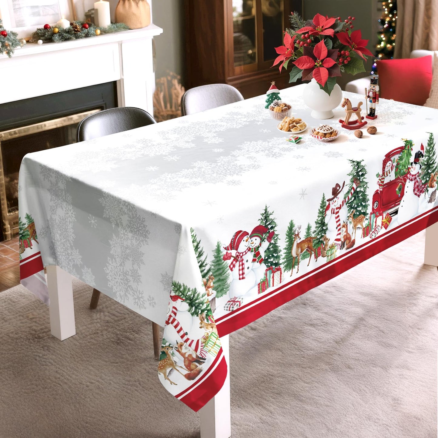 Christmas Tablecloth Waterproof, Red Snowman Snowflake Table Cloth Rectangle, Washable Table Cover for Christmas Party Home Kitchen Decoration (60×120 Inch) BST202