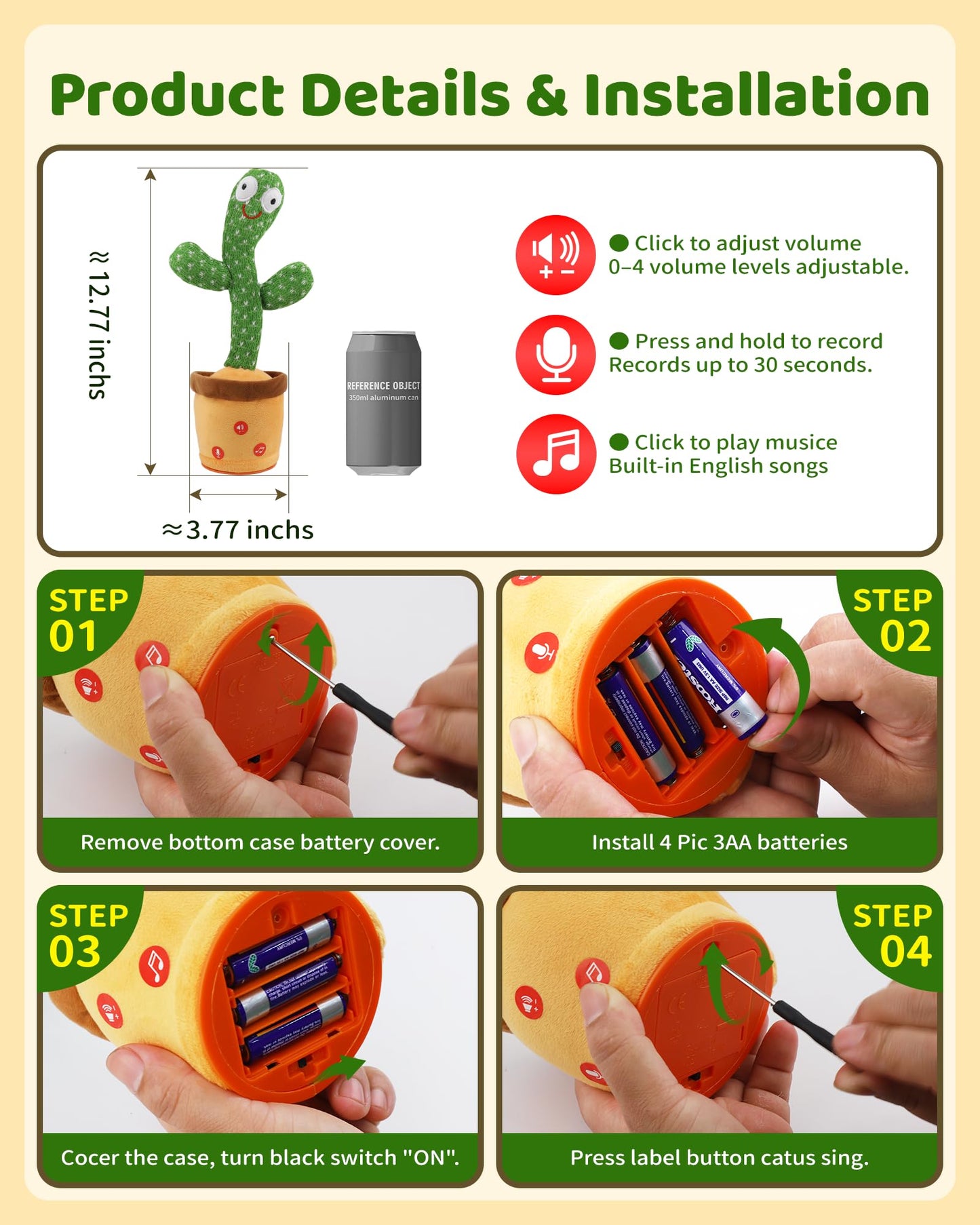 Rechargeable Baby Toys 3-6 6-12 12-18 Months Dancing Talking Cactus N26