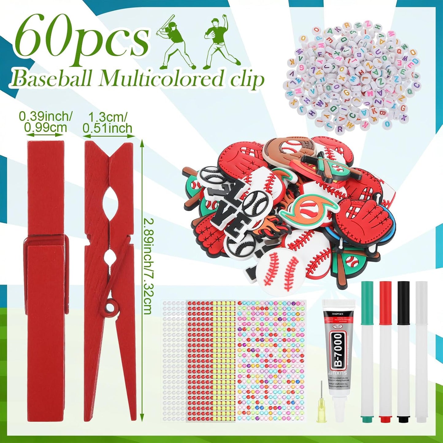 Amyhill 60 Sets Baseball Cheer Pins Wooden DIY Spirit Clips Clothes Pins with 260 Alphabet Beads 4 Rhinestone Stickers 4 Markers 9 ml Glue 60 Baseball Stickers for Cheerleaders Gifts Backpacks Decor BST326H