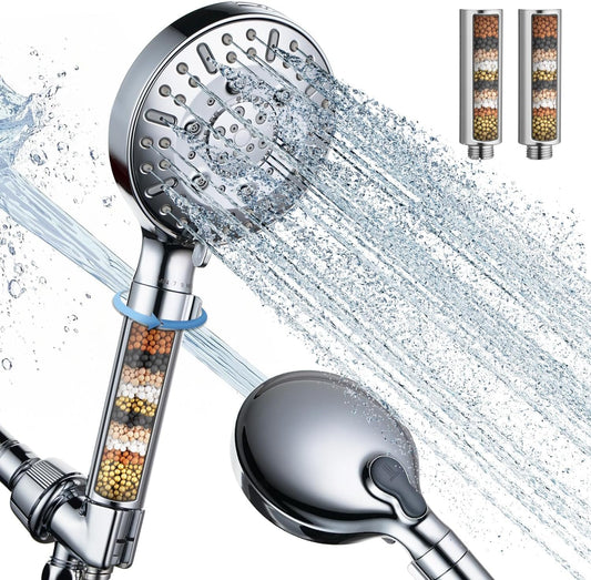 CWPW Filtered Shower Head with Handheld,High Pressure 9-Spray Showerhead - Water Softener with Filter Beads for Hard Water,Removes Chlorine, Reduces Dry & Itchy Skin,Anti-Clog Nozzles,Flow Regulation WN420