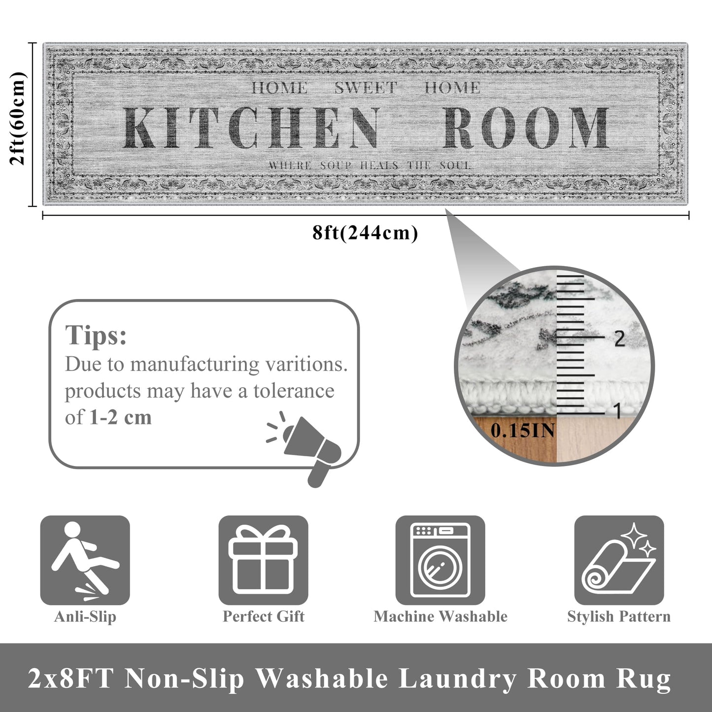 TOPRUUG 2x8 Kitchen Runner Rug: Non-Slip Kitchen Rugs Stain Resistant Kitchen Mats for Floor Low-Pile Carpet for Sink Soft Kitchen Runners Non Skid Washable 8 ft Mat Home Decor 2'x8' Beige BST202