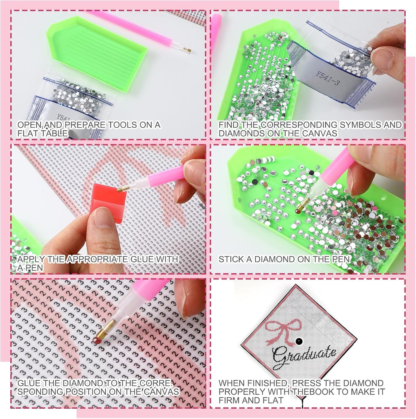 Knitgrip Graduation Cap Decoration Kit Pink Bow Diamond Grad Cap Topper for Her Graduation Gifts Glitter 2026 Diamond Painting Art Grad Hat Decorations for Girls DIY Craft Class of 2026 Graduate Gifts BST202