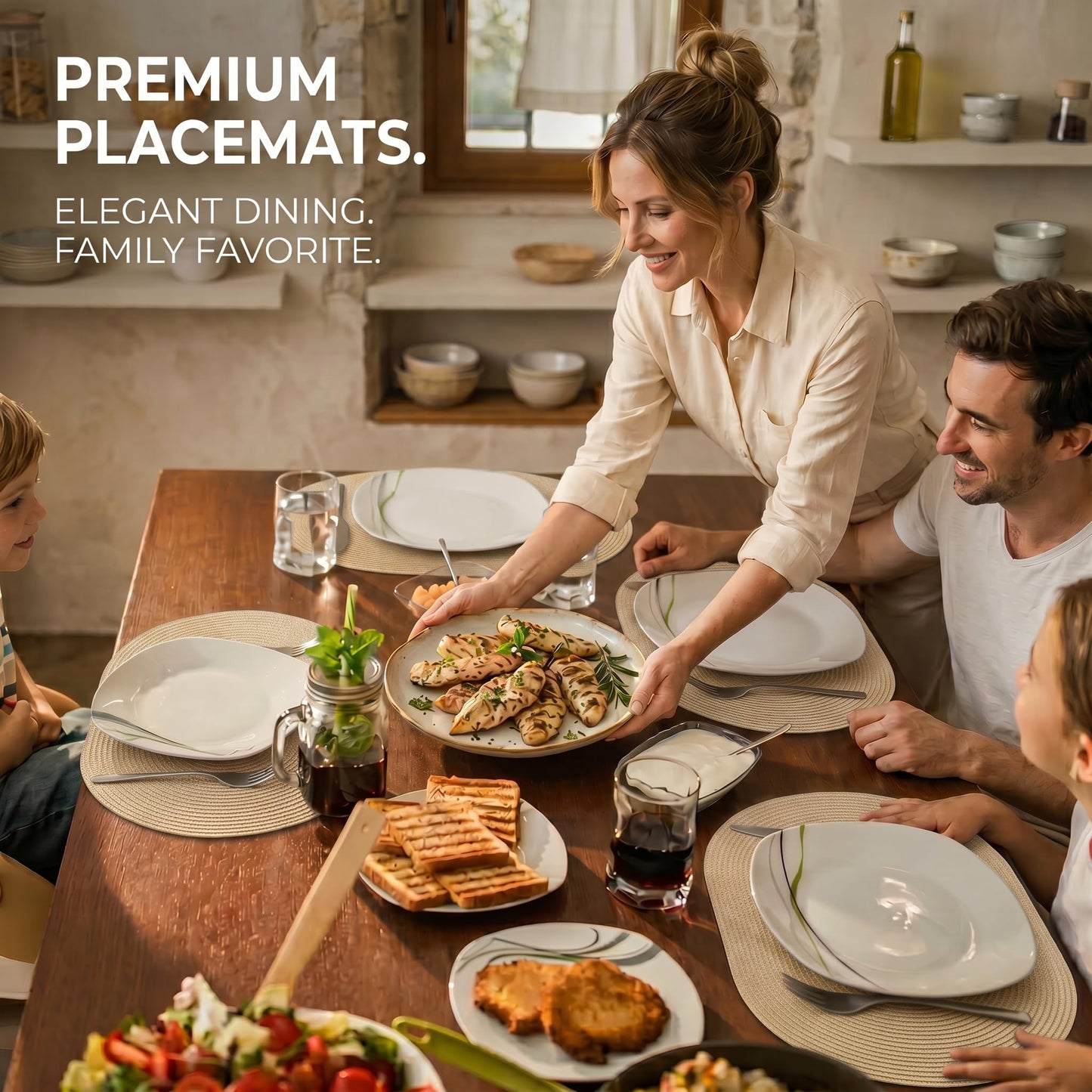 Faux Leather Placemats Set of 6, Wipeable Waterproof Stain Resistant Table Mats, Heat Resistant Thick Placemats with Hand-Painted Edges for Kitchen Dining, Imitative Linen Texture, Various Shapes BST326H