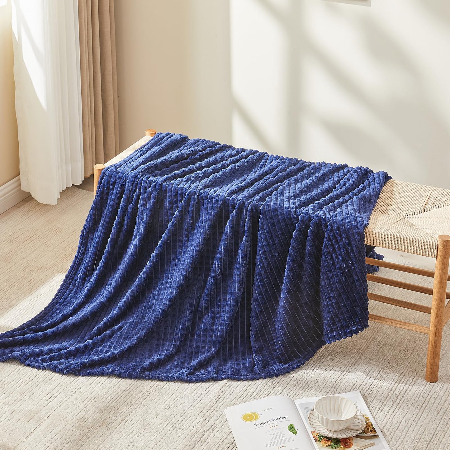 EMME Fleece Blanket, 3D Jacquard Throw Blanket for Couch and Bed, Soft Cozy and Fluffy Blankets Lightweight Luxury Flannel with Waffle Design (Navy Blue, 50" x 60") BST202