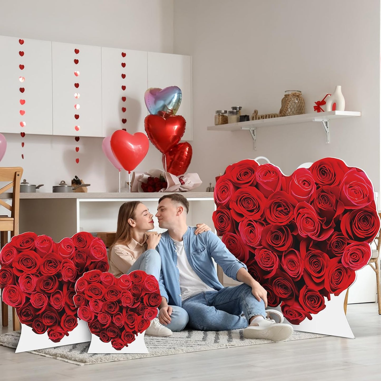 Colarr 3 Pcs Valentine's Day Red Heart Cardboard Cutout Stand Ups Set of 3 Sizes (17'' 25'' 33'') Valentines Party Roses Decoration Backdrop Photo Prop for Anniversary Wedding Engagement BST326L