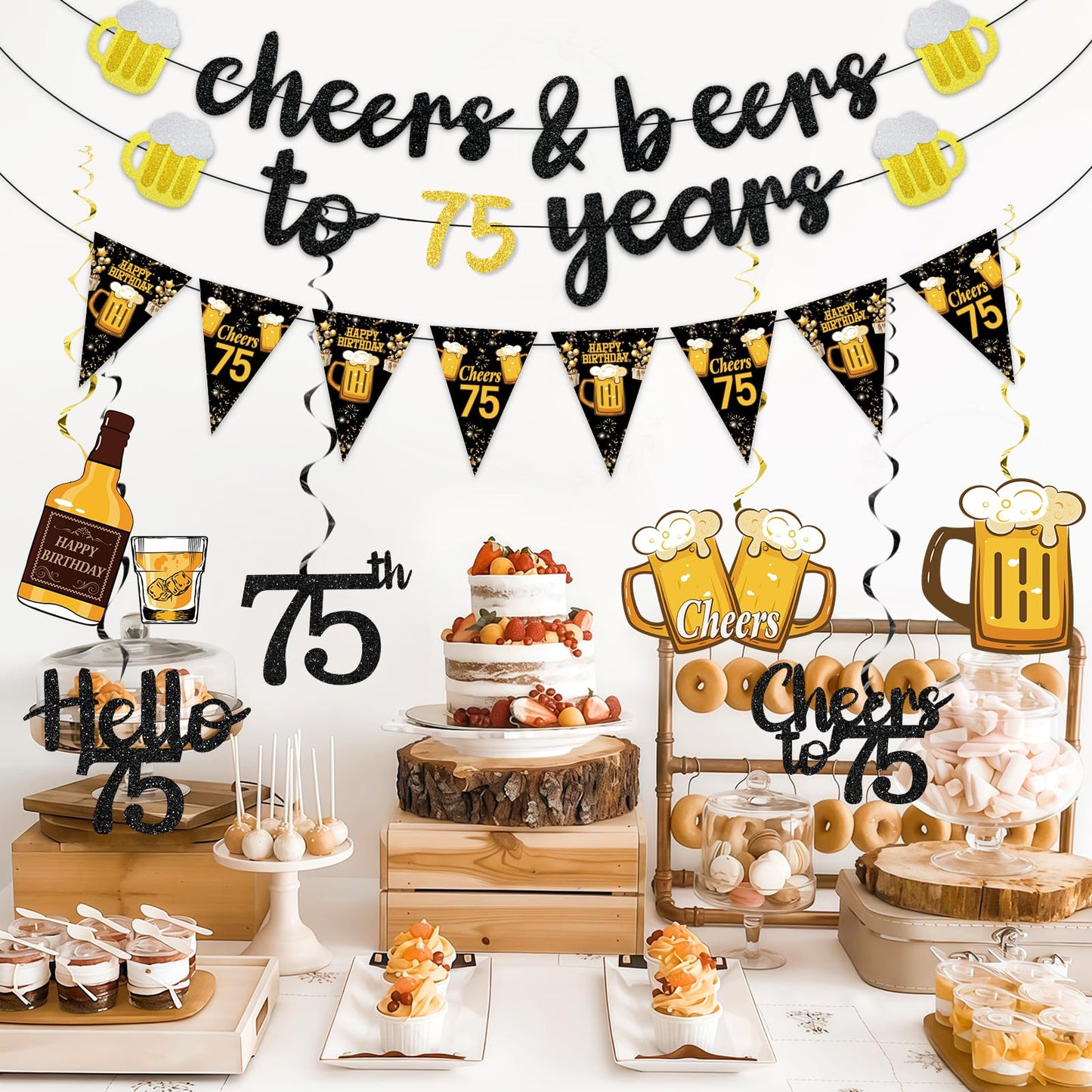 Black Gold 90th Birthday Decorations for Men Women, Glitter Pre-Strung Cheers to 90 Years Banner Hello 90 Hanging Swirls Paper Triangle Flag Banner Decorations Bday Party Supplies Kit WN420