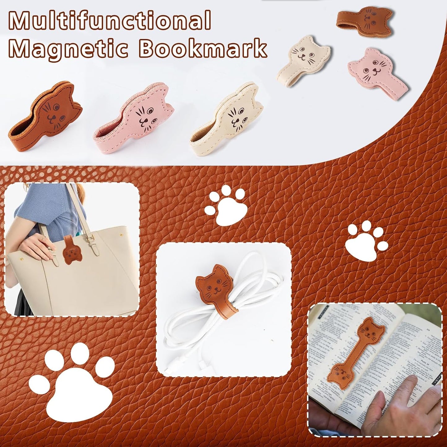 Zkptops Magnetic Leather Bookmarks Cute Cat Book Markers for Reading Women Men Strong Magnet Bookmark Clips Page Mark Unique Books Accessories Gifts for Book Lovers Teachers Students Reader (Brown) BST326L