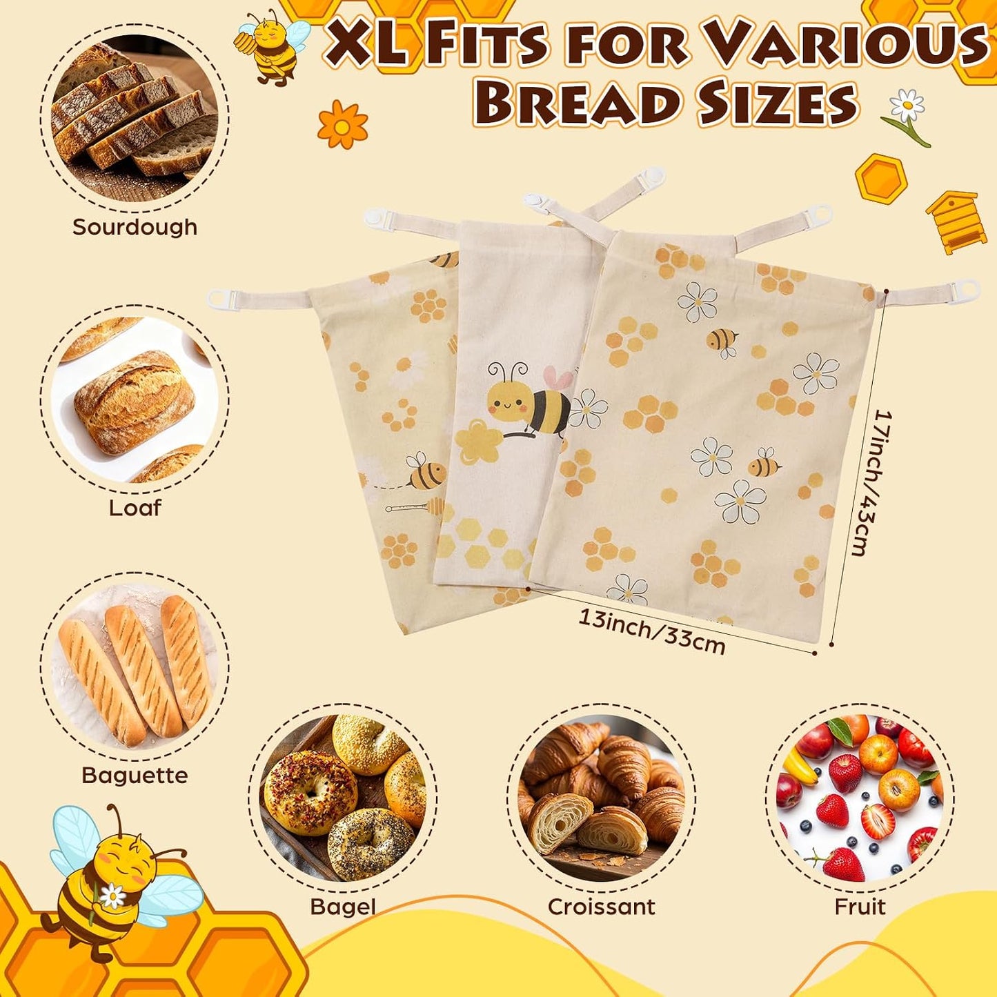 Reginary 3 Pack Beeswax Bread Bags for Sourdough & Homemade Bread 17 x 13'' XL Reusable Organic Linen Beeswax Wraps with Sealing Zip for Fresh Food Storage Loaf Freezer Baker Present(Bee Style) BST326L