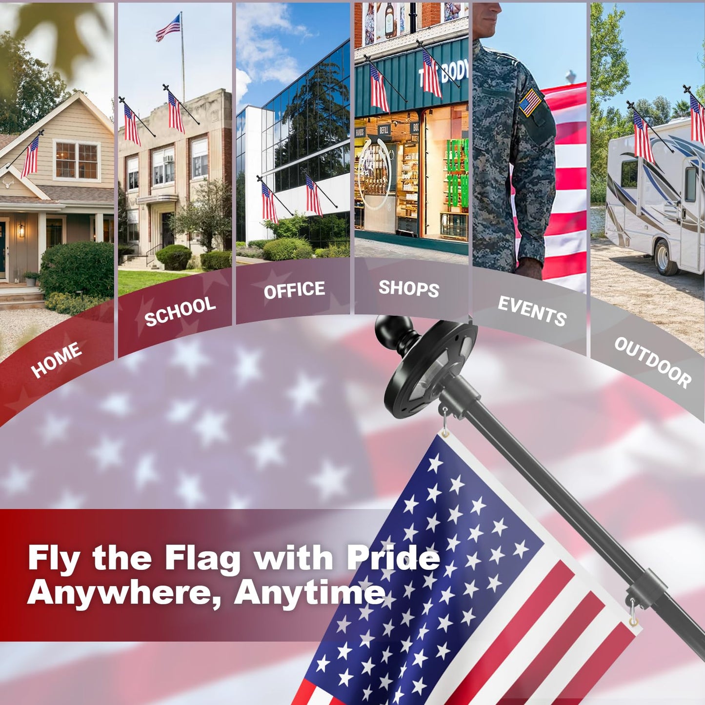 Sprookber 5ft Solar Light Flag Pole kit with American Flag – 180°Adjustable Bracket and Tangle Free Rings, Stainless Steel FlagPoles for Outside House, Residential or Commercial use, Silver WN420