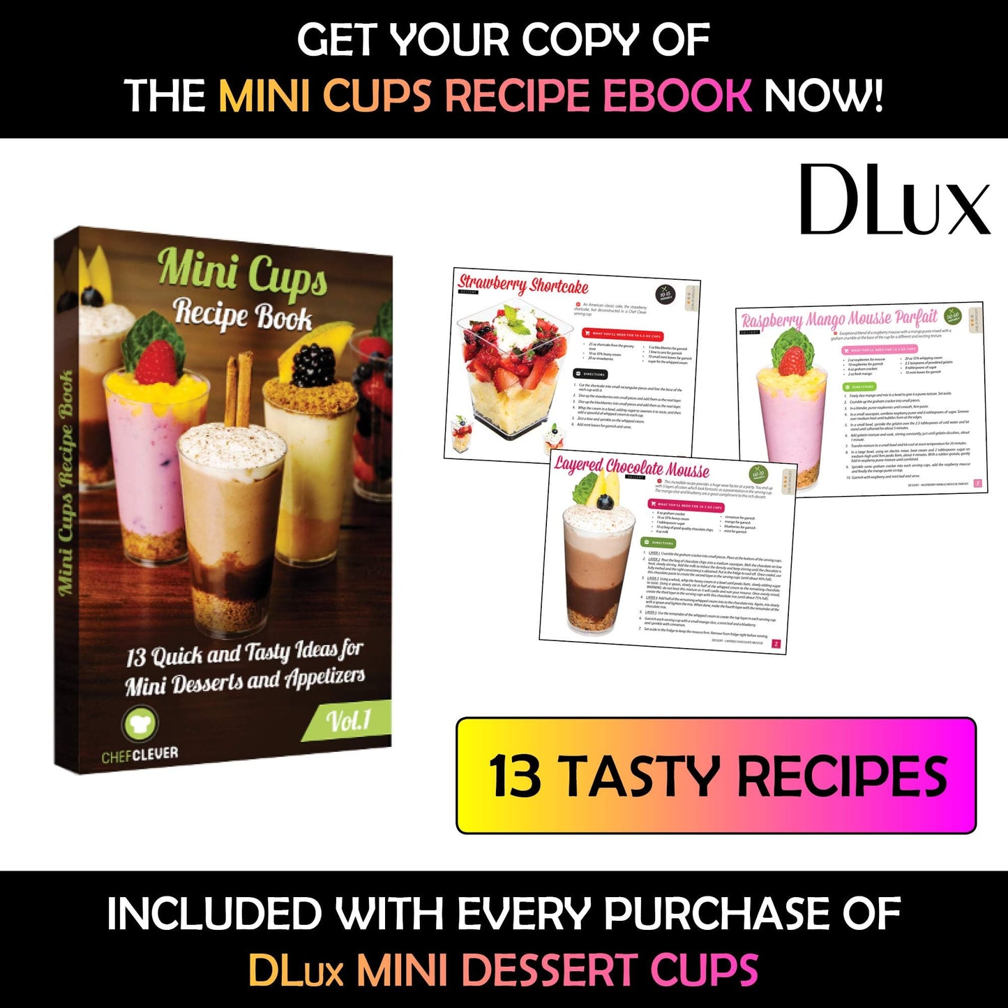 DLux 100 x 3 oz Mini Dessert Cups with Spoons, Shooter - Clear Plastic Parfait Appetizer Cup - Small Reusable Shooter Glass for Tasting Party Shooters Desserts Appetizers - With Recipe Ebook BST220