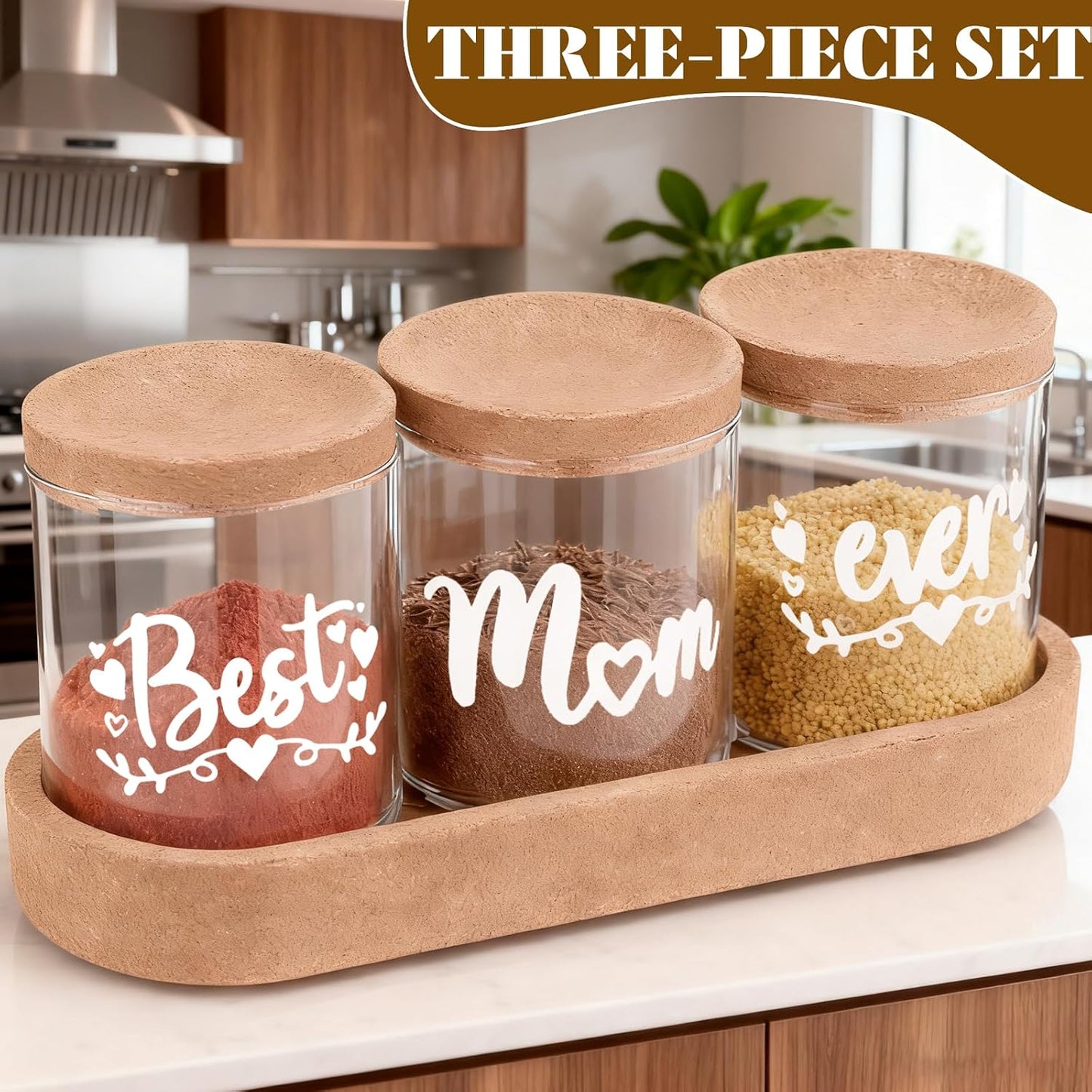 Best Mom Ever Glass Spice Jars Set with Cork Lids and Tray for women | 3-Piece Seasoning Storage Jars for Kitchen for Mom,ideal for Birthday Christmas End of Years present WN420