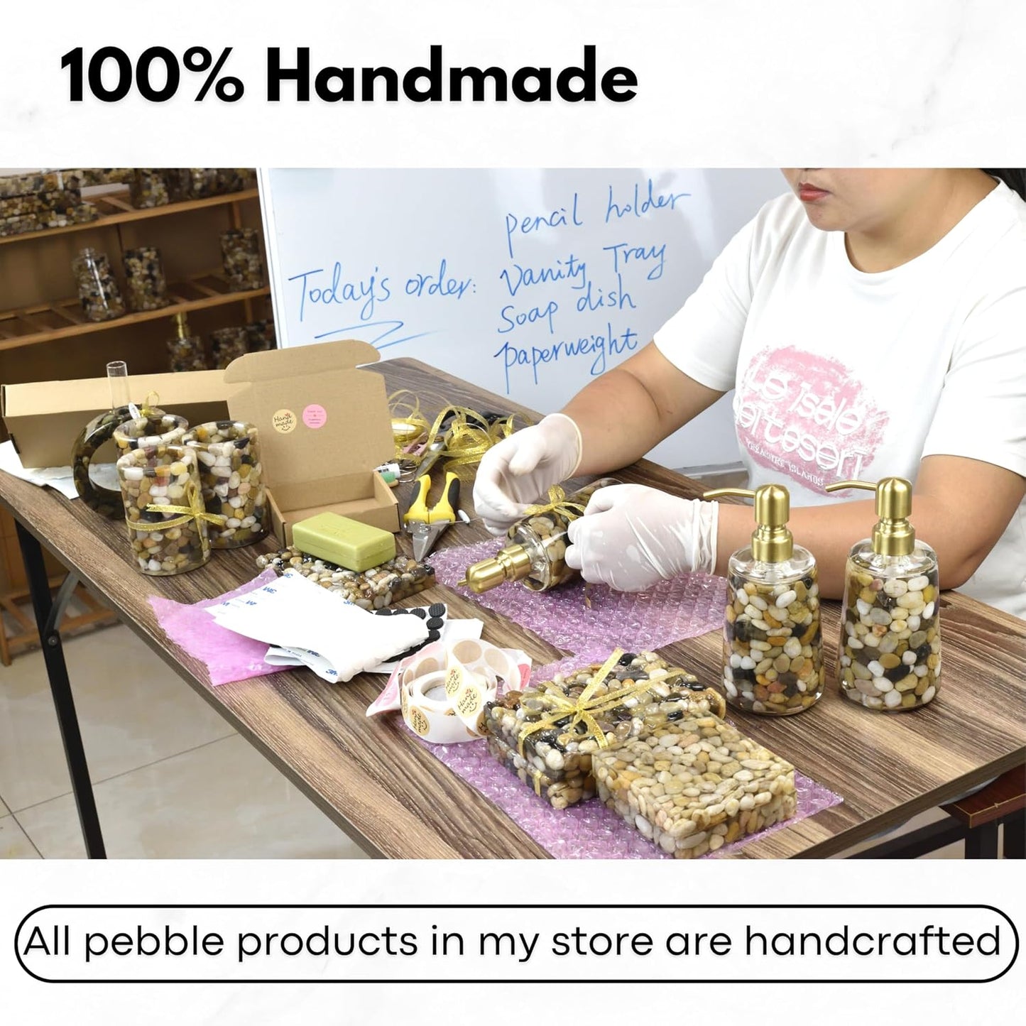 Handmade Refillable Soap Dispenser for Bathroom & Kitchen, Rocks Stone Soap Dispenser with Gold Stainless Steel Pump BST220