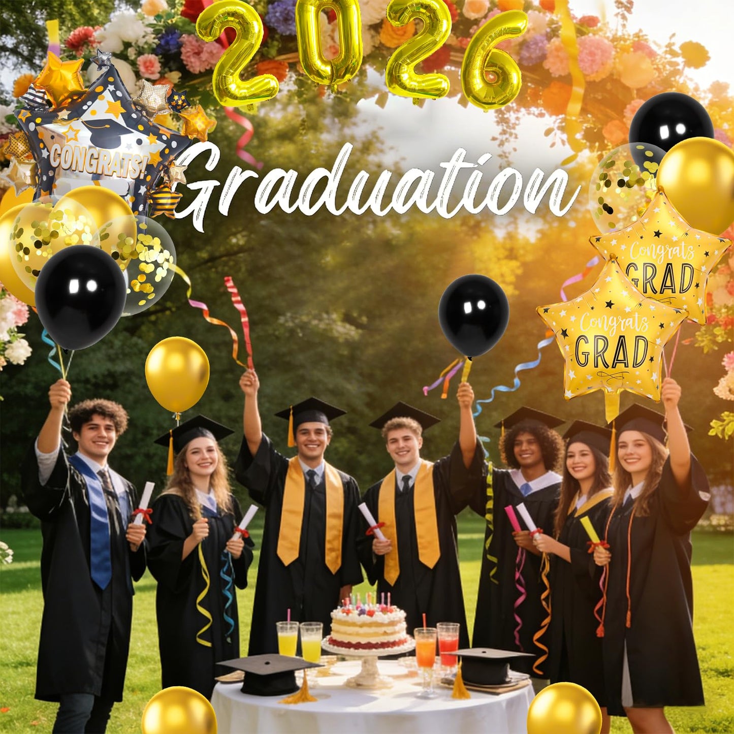 Graduation Balloons Congrats Grad Balloons Gold and Black Balloon for 5th Grade Graduation Decorations Grad Party Decorations 2026 BST326L