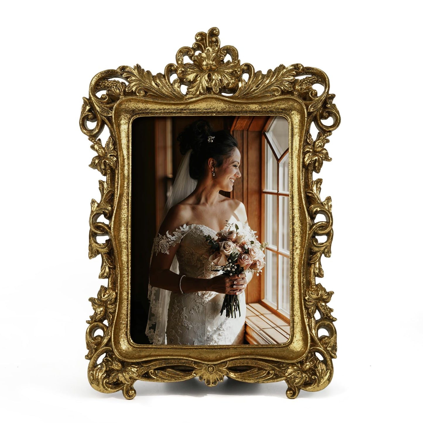 5x7 Wedding Picture Frame Gold,2 Pack Small Frame for Gallery Decor | Durable Resin Material,Tabletop & Wall Display,Real Glass,Rose Floral Design,Antique Brass Finish,Wedding Arrangement Decor BST326H