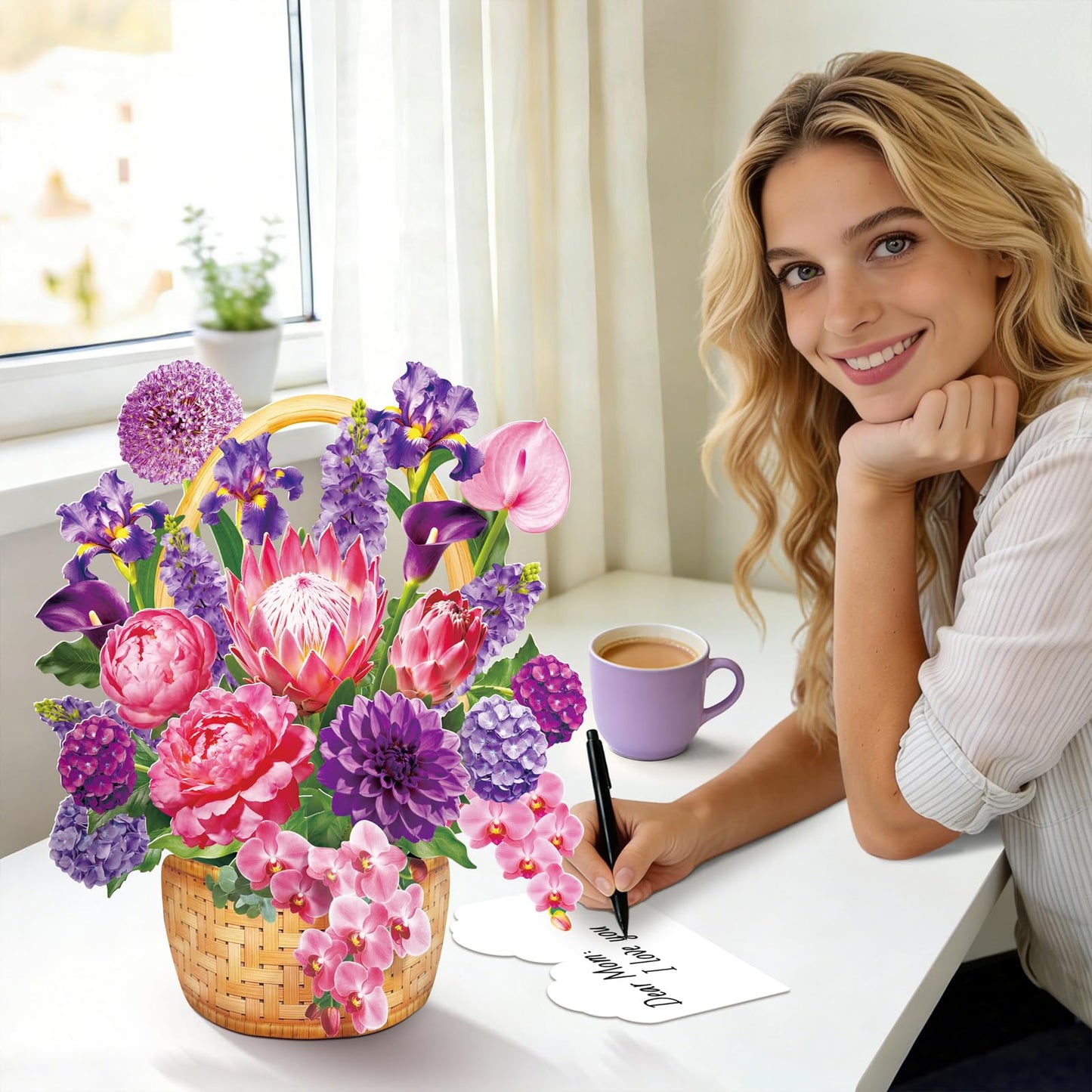 Pop Up Greeting Cards, Dahlia Paper Flower Bouquets | Birthday,Mother's Day, Thank You, Get Well, Anniversary,Include Note Card & Envelope WN420