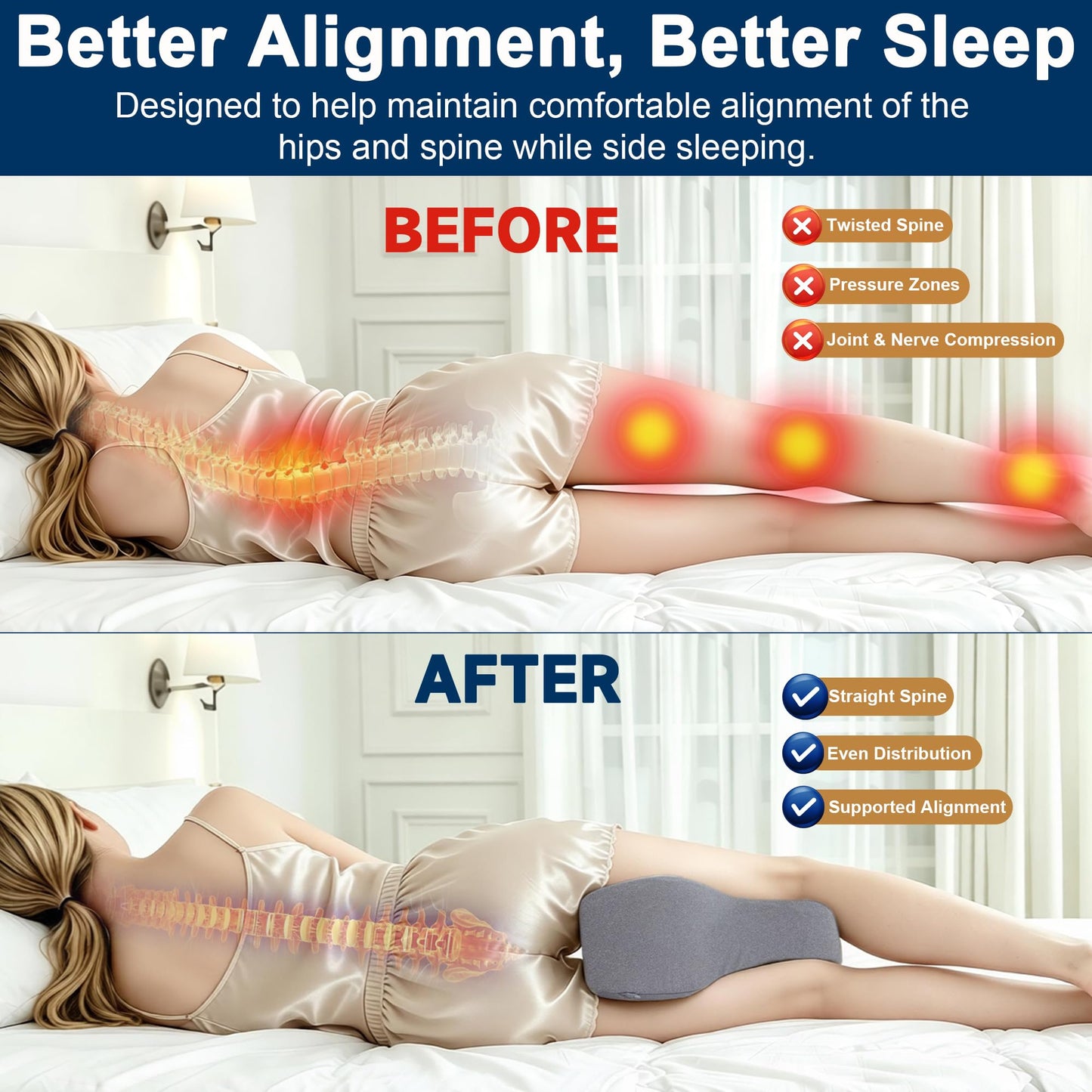 UJPFEO Knee Pillow for Side Sleepers,Leg Pillows for Sciatica,Knees,HIPS,Joints Between Legs,Back Pain Relief When Side Sleeping Spine Alignment Support for Knee Surgery Recovery,Grey WN420