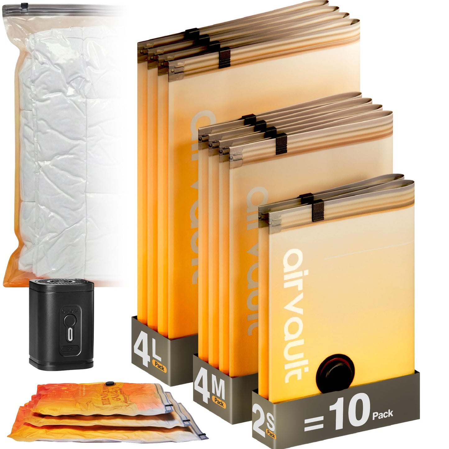 AirVault Vacuum Storage Bags for Travel & Home - Space Saver Compression Packing Bags Set for Clothes, Blankets & Seasonal Storage, Small (5), Medium (5), Large (5) (Orange,15-Pack Combo) BST326H