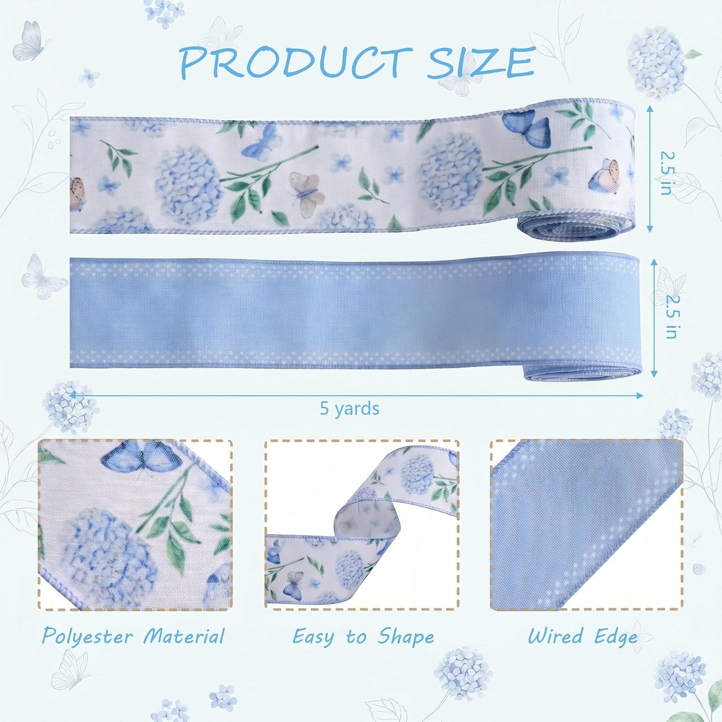 2 Rolls 10 Yards Spring Blue White Floral Wired Ribbons for Wreath Bows Wrapping Gifts, Hydrangea Butterfly Ribbon for Holiday Wedding Birthday Baby Shower Party Décor Summer DIY Crafts 2.5" BST202