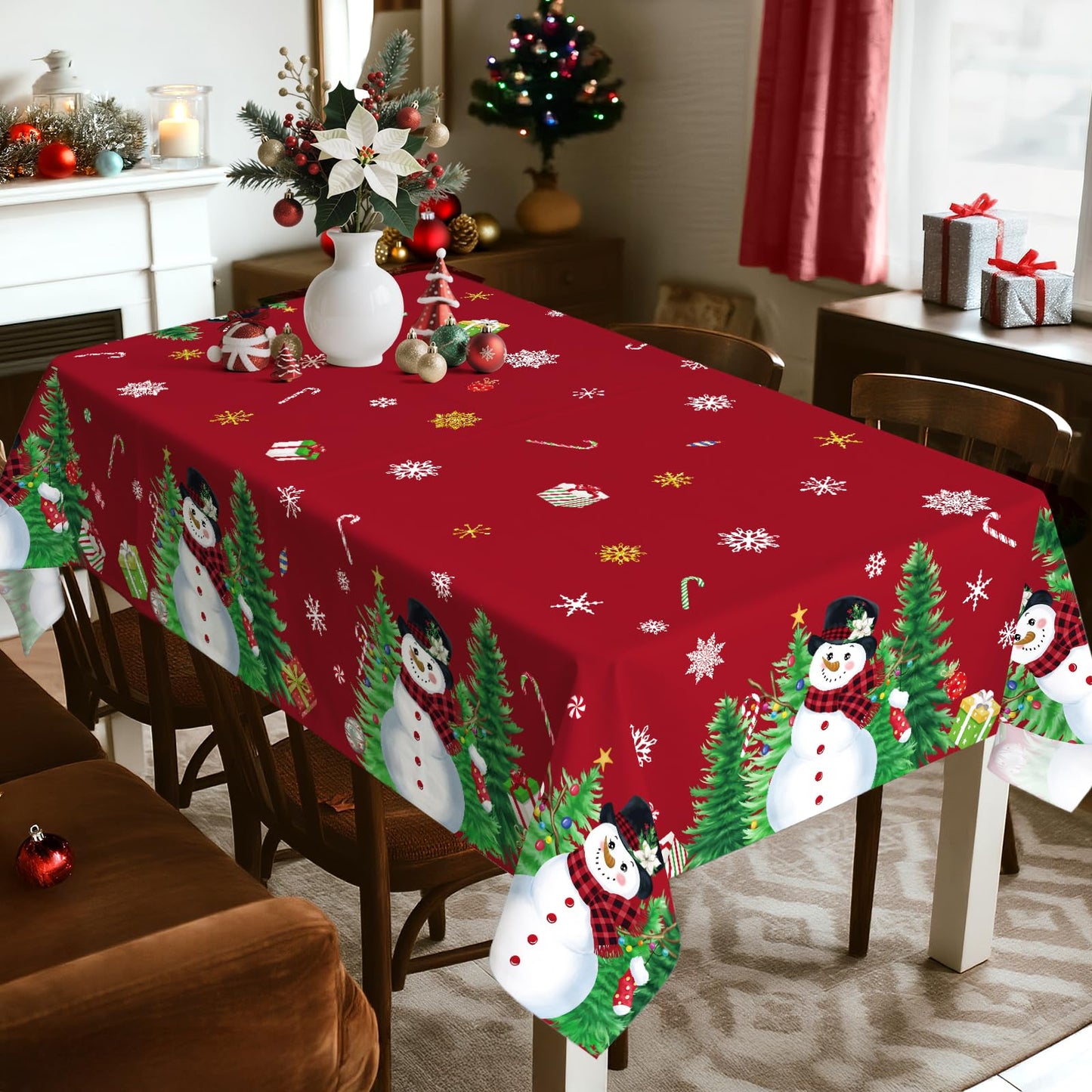 Christmas Tablecloth Waterproof, Red Snowman Snowflake Table Cloth Rectangle, Washable Table Cover for Christmas Party Home Kitchen Decoration (60×120 Inch) BST202