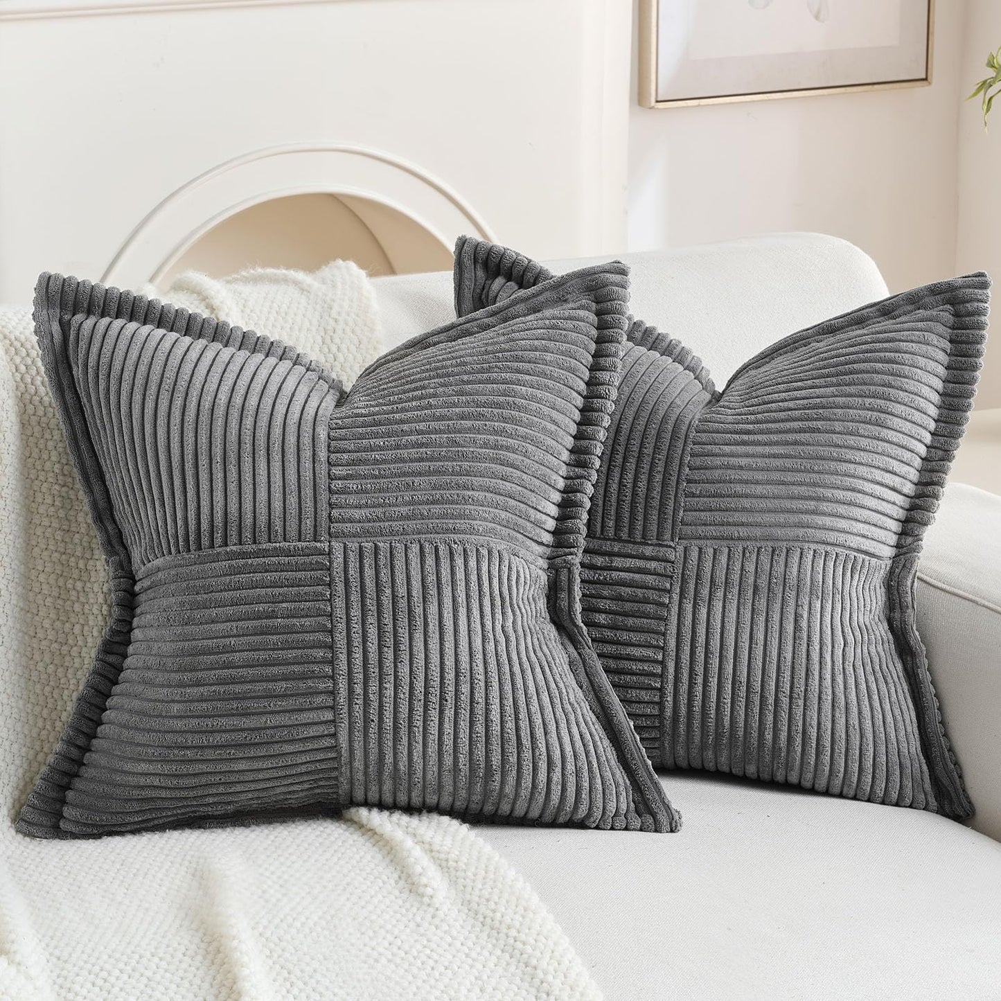 HAUSSY Pack of 2 Corduroy Throw Pillow Covers26x26 Inch, Rust | Decorative Striped Soft Boho Farmhouse Pillowcases, Machine Washable, Couch Bed Sofa Living Room Home Decor, No Insert BST202