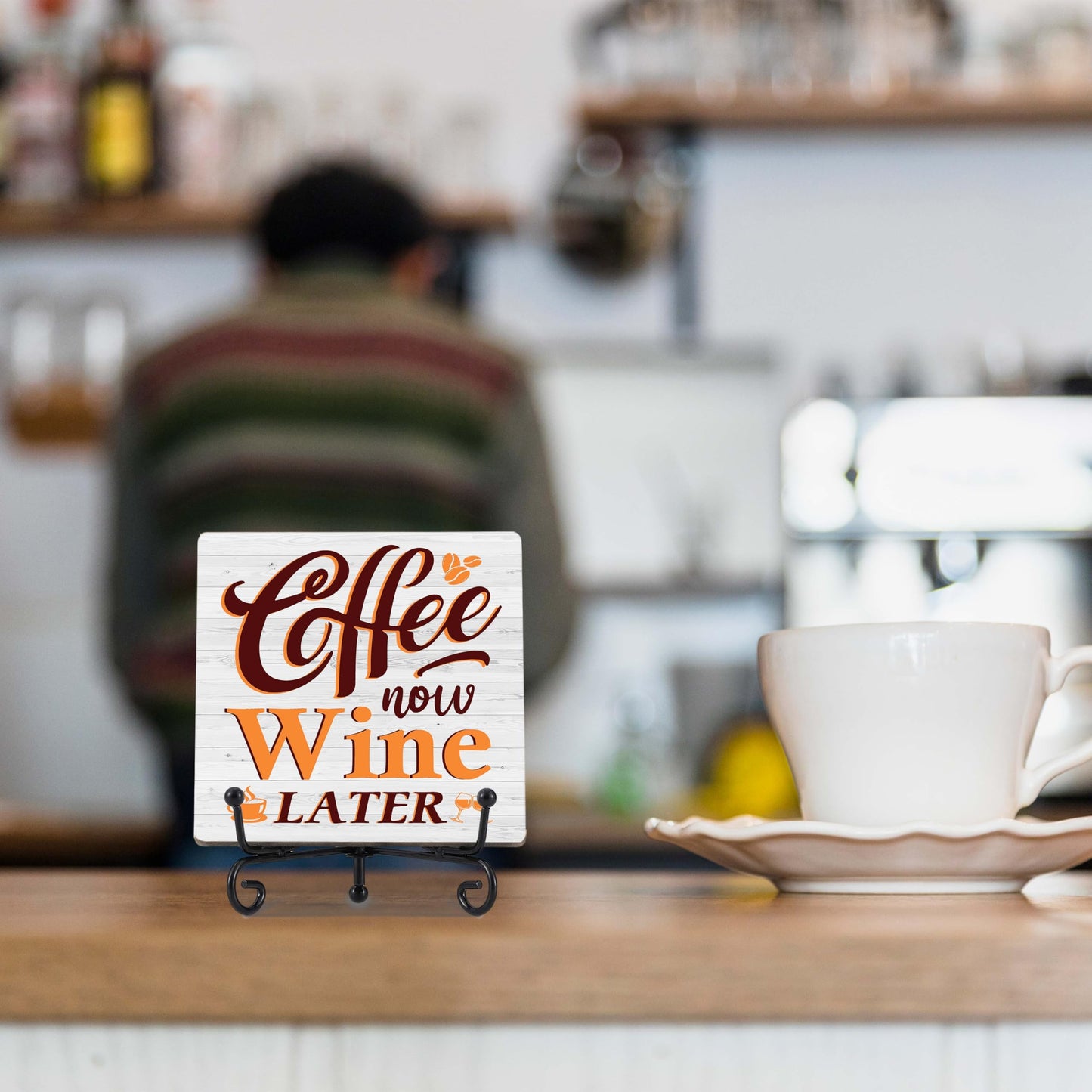 Coffee Bar Decor, Farmhouse Kitchen Table Decor, Coffee Station Accessories, Wooden Decorative Sign with Iron Stand for Table Desk Shelf Display-E21 BST220