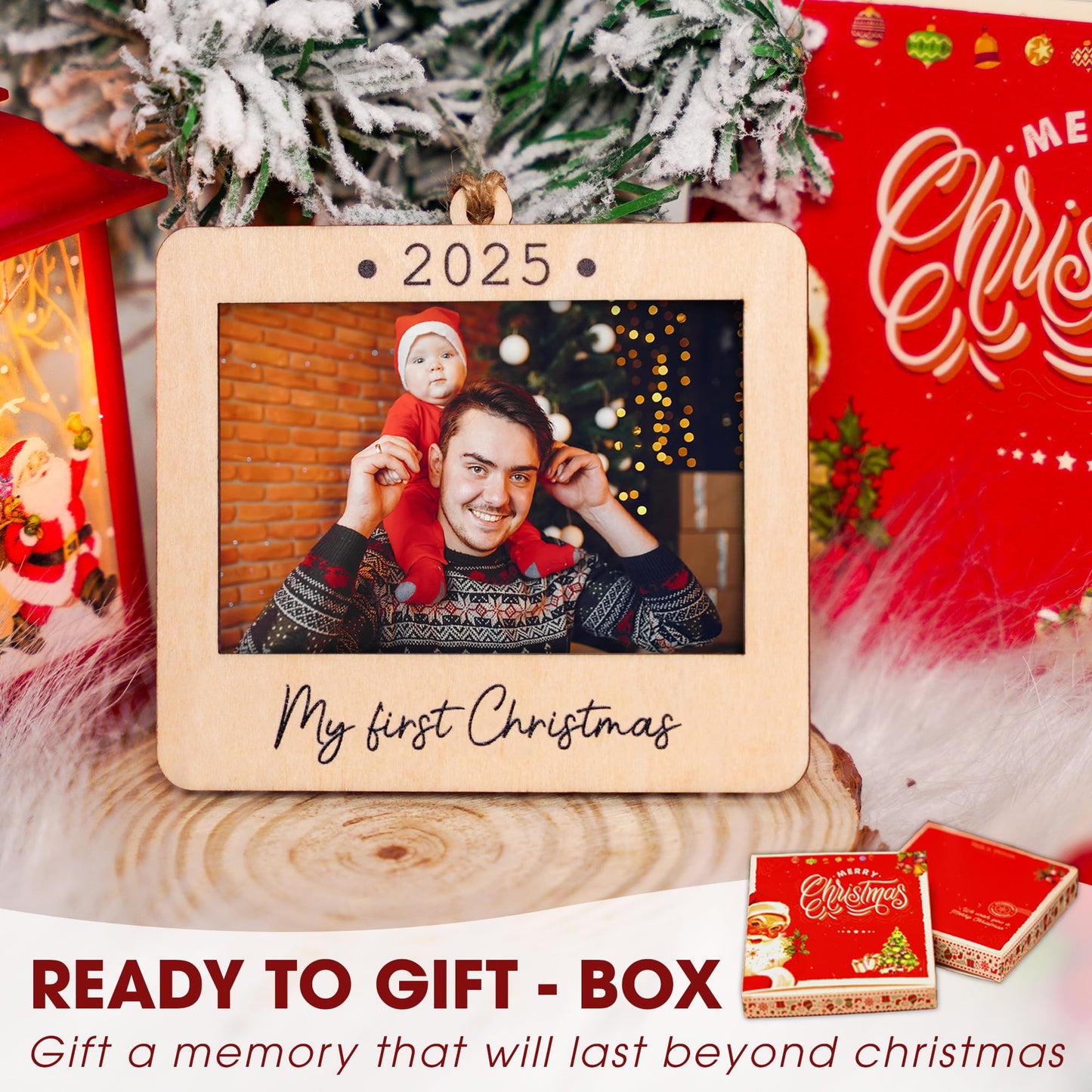 Hangwoous Baby's First Christmas Photo Frame Ornament 2025 | Wooden portrait frame keepsake, first Christmas photo gift for baby BST202