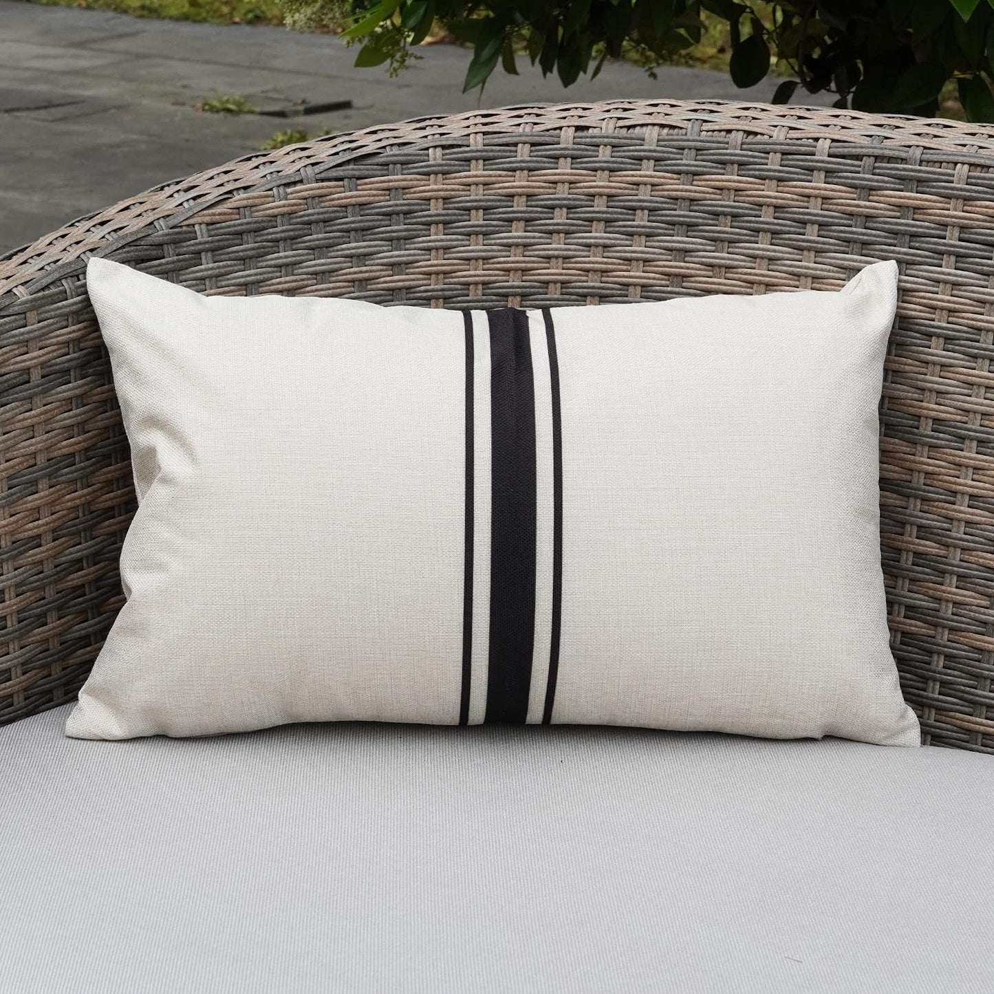 ONWAY Outdoor Pillow Covers Waterproof 18x18 Set of 2 Decorative Linen Throw Pillow Cover Beige and Black Striped Outdoor Pillows for Patio Furniture BST220