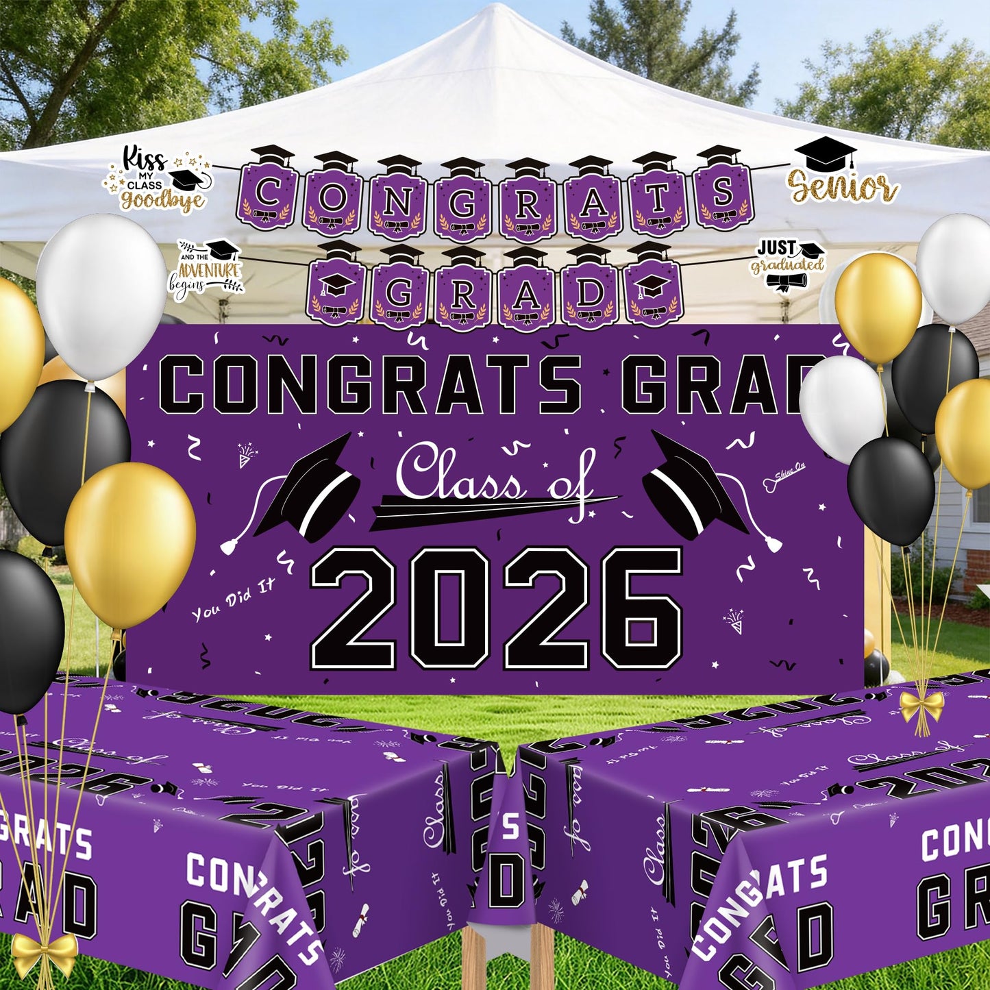 Graduation Decorations 2026 2027 - Red Congrats Grad Banner Backdrop Tablecloth Set - Graduation Decorations Class of 2026 | Graduation Party Favors Supplies WN420