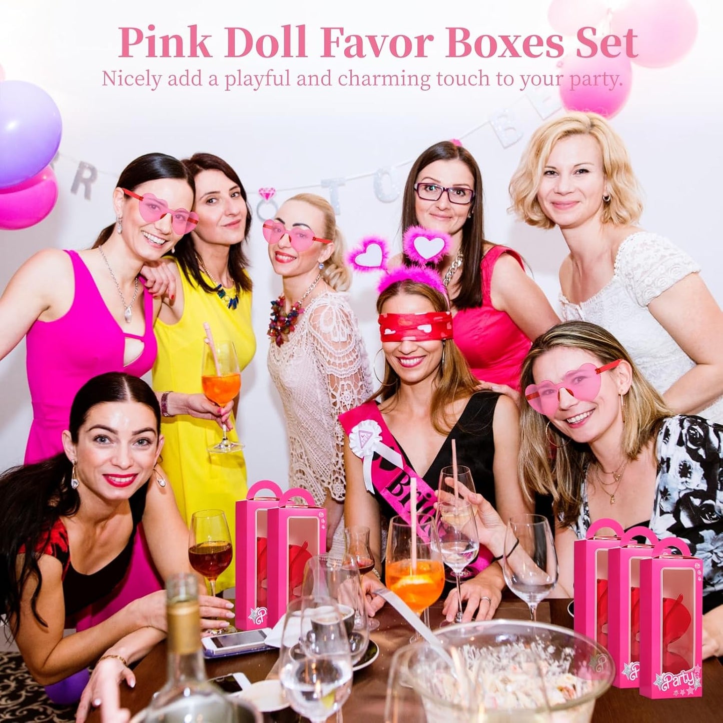 OMISTAR 12 Set Pink Doll Gift Boxes, Including 12 Pink Goodie Boxes & 12 Heart Sunglasses, Bachelorette Party Favors, Party Candy Box for Birthday BST202
