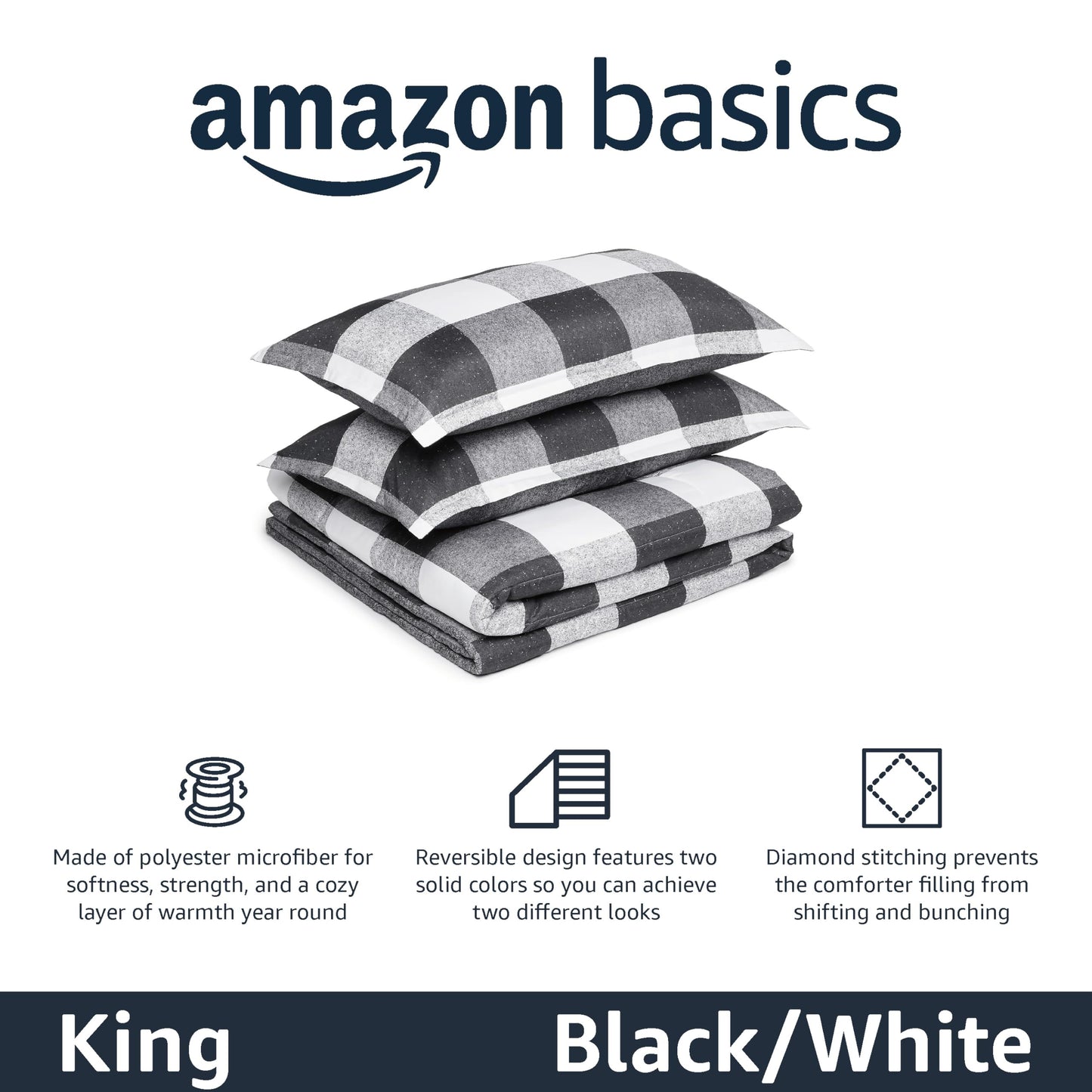 Amazon Basics Comforter Blanket, Reversible, Lightweight Microfiber, Machine Washable, All Season, Full/Queen, Black/Grey