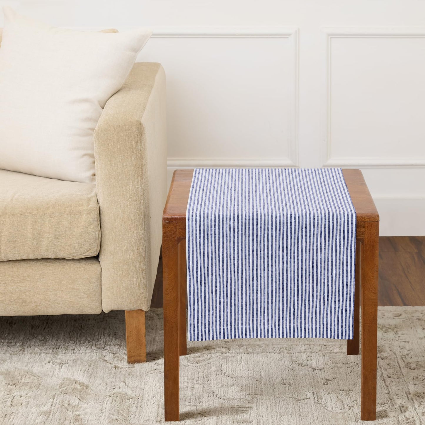 Solino Home 100% Pure Linen Table Runner Stripe Striped, Julia 14 x 72 in | Table Runners for dining, hallway and console tables; woven stripe, mitered corners; Muted Pastel Stripe; OEKO-TEX Certified BST326SOLH