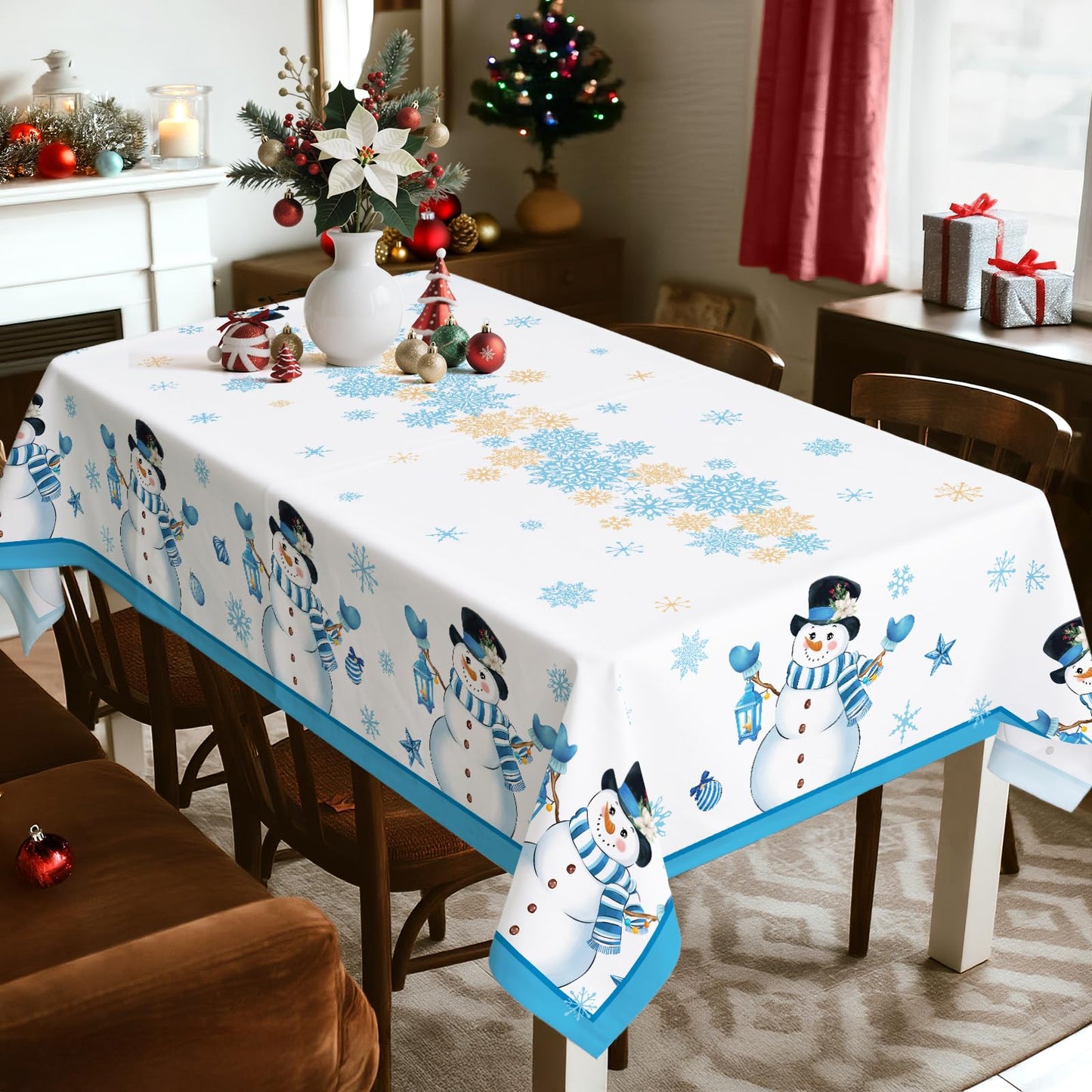 Christmas Tablecloth Waterproof, Red Snowman Snowflake Table Cloth Rectangle, Washable Table Cover for Christmas Party Home Kitchen Decoration (60×120 Inch) BST202