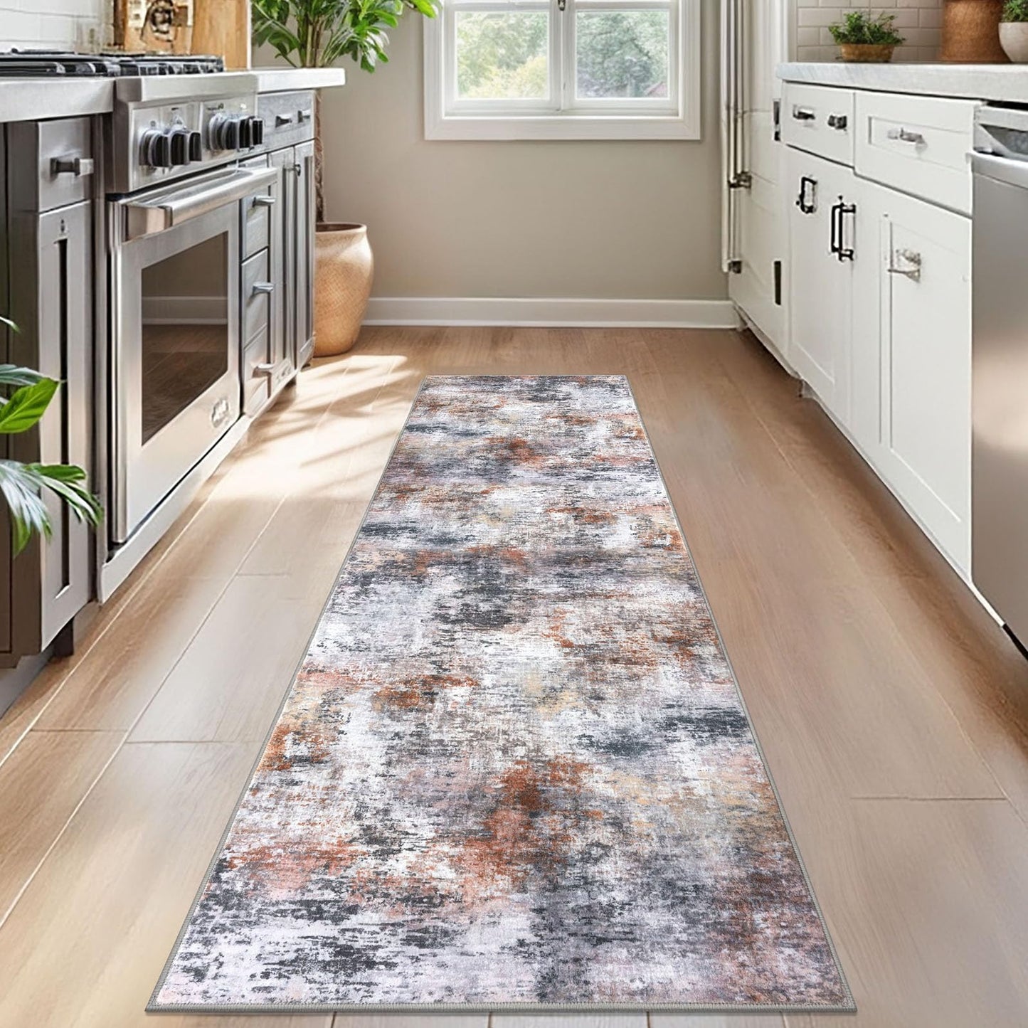 Lansny Modern Abstract Runner - 2x5, Beige Grey Washable Kitchen Entryway Rug Mat Non-Slip Soft Neutral Hallway Rug Thin Print Faux Wool Carpet for Bedroom Laundry Room Indoor BST220