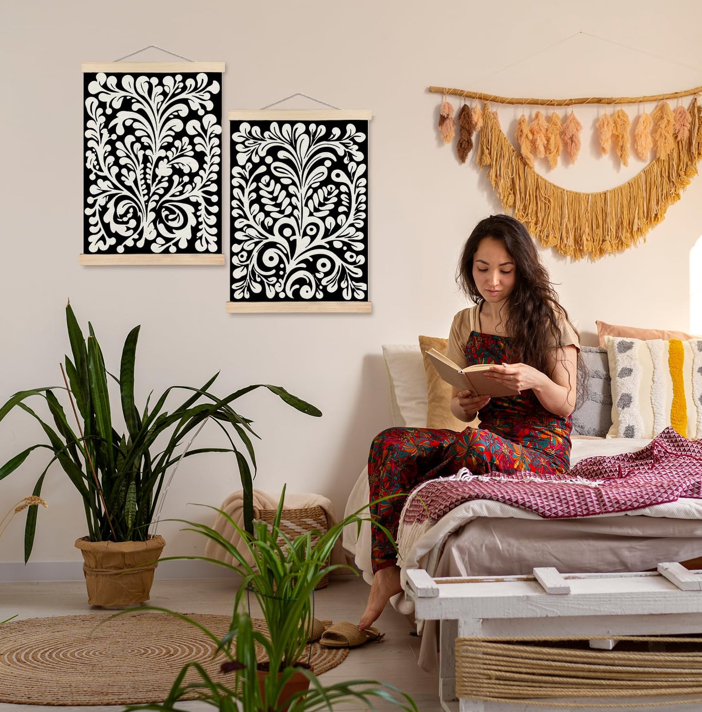 SPBL&L Green Boho Floral Mexican Wall Art, Abstract Flower Poster Hanger Frame, Burnt Orange Terracotta Botanical Hanging Canvas Pictures Prints Wall Decor for Home Bedroom, 12x16 Inch Set of 2 BST202