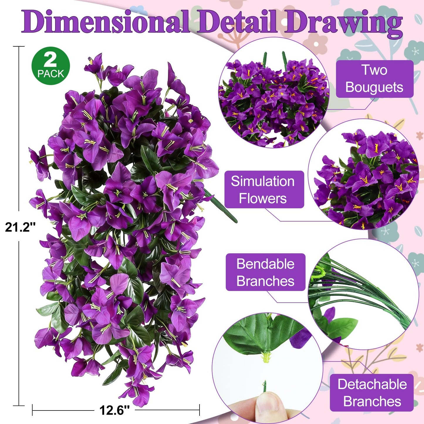2 Pack Artificial Bougainvillea Flowers for Outdoors Decorations, Fake Hanging Plants, Faux Outside Flowers UV Resistant for Baskets Home Front Door Porch Patio Balcony Yard(Hot Pink) BST202