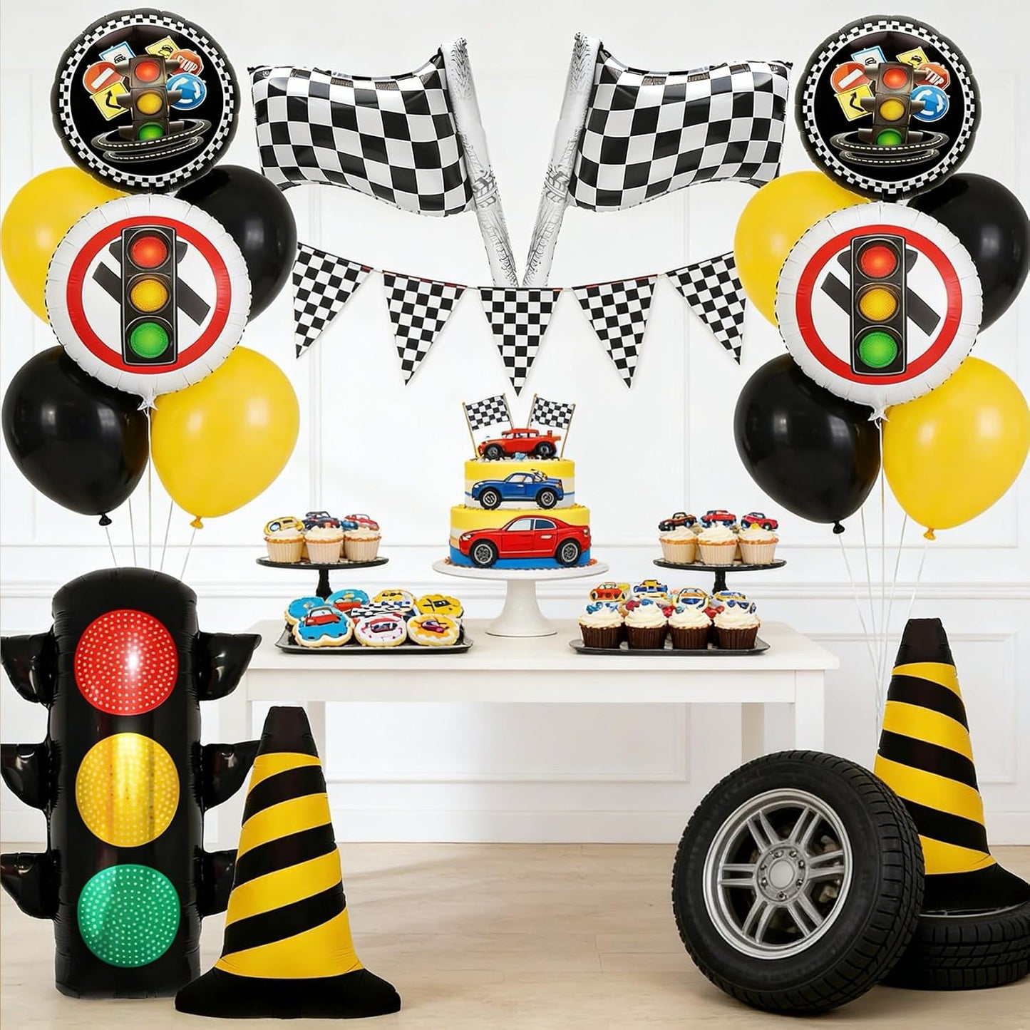 7PCS Traffic Theme Balloons Set,Racing Party Decorations with Traffic Light, Checkered Flags & Road Cone Foil Balloons, Race Car Birthday Decorations for Boys, Baby Shower WN420