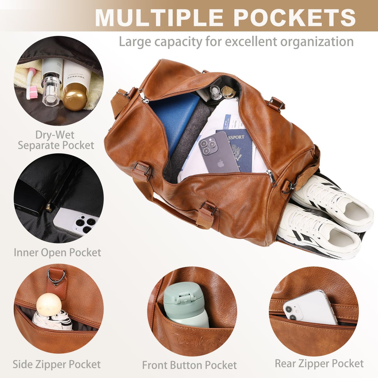 Large 4-in-1 Leather Duffle Bag for Travel Weekender Overnight Hospital Gym Bag for Men & Women, Carry On Airline Approved Personal Item Duffel Garment Bag Luggage with Shoe Compartment & Toiletry Bag BST326H