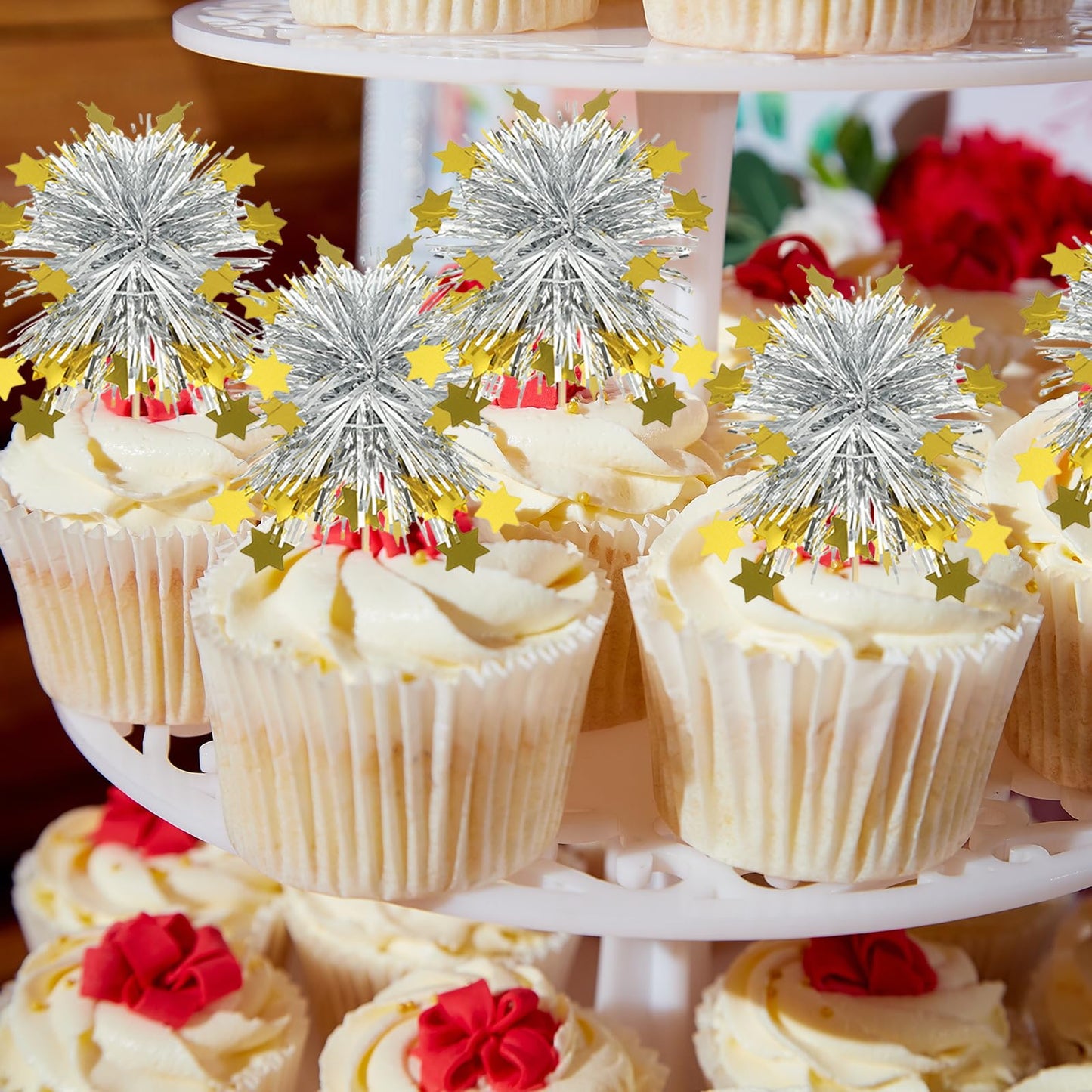 PATIKIL Firework Cupcake Toppers, 50 Pcs Sparkle Tinsel Snow Cupcake Picks Birthday Party Graduation Wedding Foil Decor Cocktail Food Fruit Toothpicks Christmas, Red BST326H
