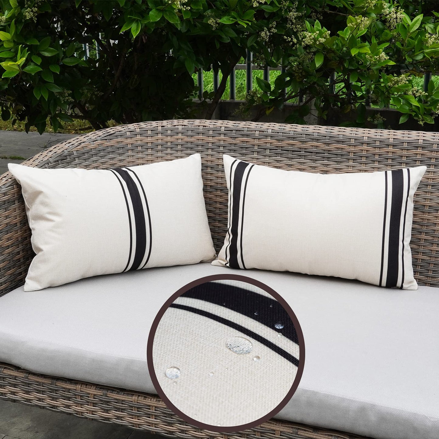 ONWAY Outdoor Pillow Covers Waterproof 18x18 Set of 2 Decorative Linen Throw Pillow Cover Beige and Black Striped Outdoor Pillows for Patio Furniture BST220
