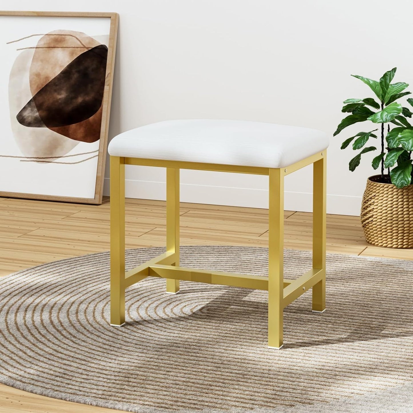 Small Vanity Stool, Cute Vanity Stools with Cushion, White Gold Makeup Vanity Chair for Small Spaces, Living Room, Bedroom, Bathroom, Entryway, Ottoman Foot Rest for Couch Sillas Modern