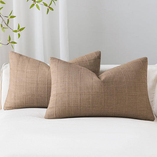 Decorative Linen Check Throw Pillow Covers Set of 2, 16"x16" Taupe Neutral Cushion Covers, Farmhouse Vintage Modern Boho Home Decor for Sofa Chair Couch Bedroom BST220