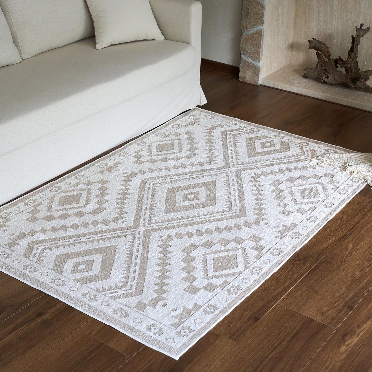 Moroccan Washable Area Rug 3x5, Geometric Tribal Decorative Woven Rug, Non-Slip Boho Farmhouse Soft Low-Pile Area Rug for Living Room Bedroom Nursery Dining Table, Dark Brown/White BST326H