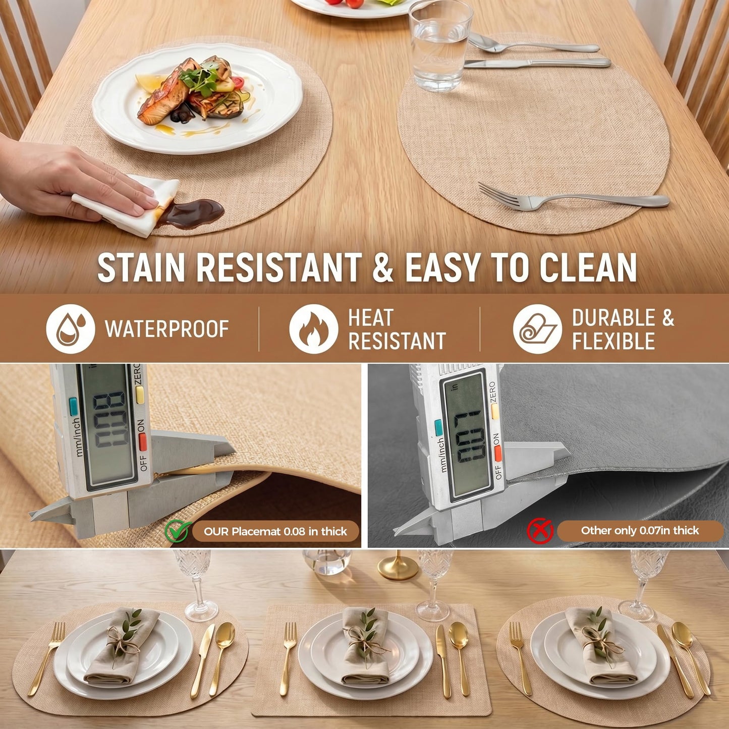 Faux Leather Placemats Set of 6, Wipeable Waterproof Stain Resistant Table Mats, Heat Resistant Thick Placemats with Hand-Painted Edges for Kitchen Dining, Imitative Linen Texture, Various Shapes BST326H