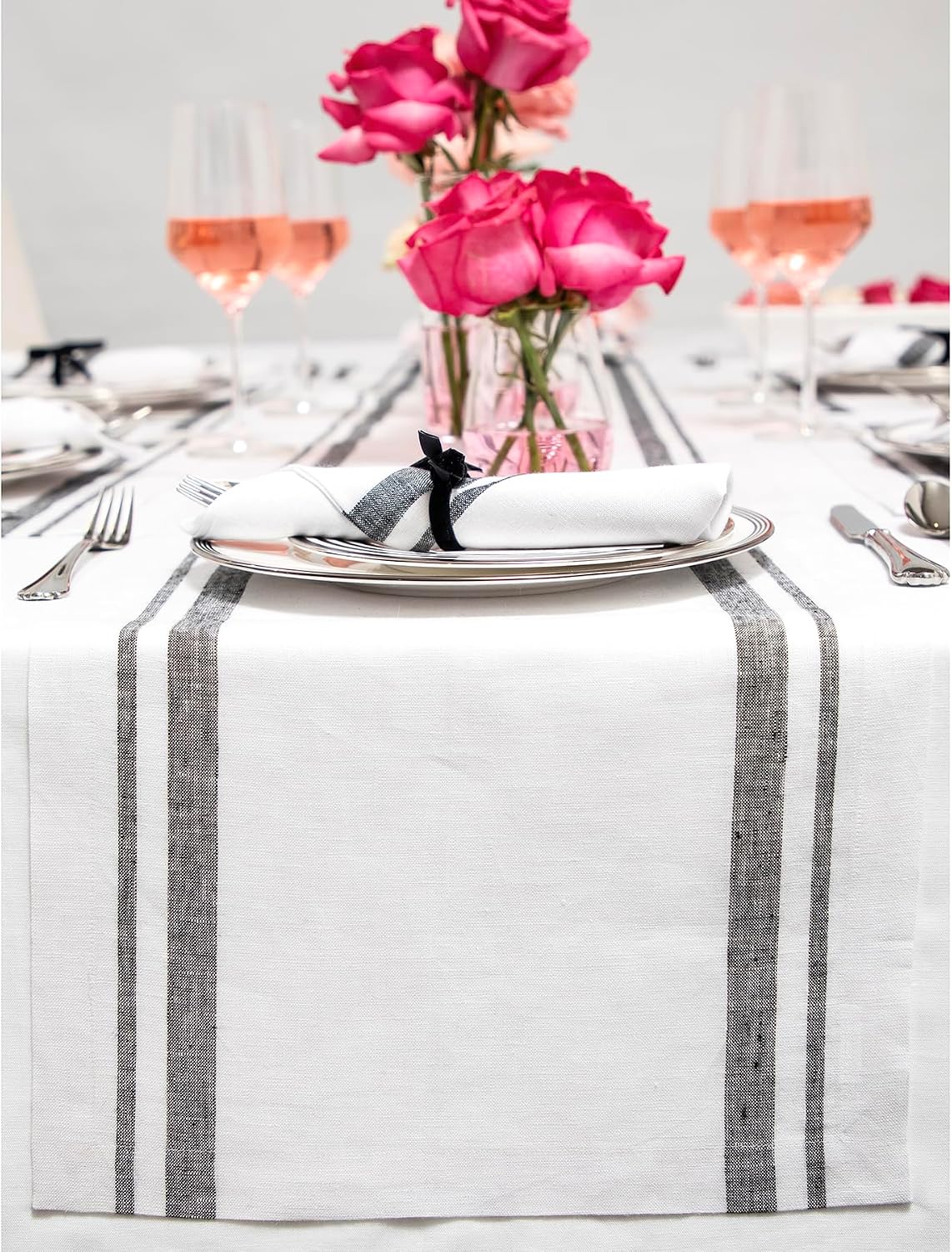 Solino Home 100% Pure Linen Table Runner, 14 x 60 in, Black, French Stripe | Table Runners for dining, hallway and console tables | woven stripe, mitered corners | Black and White | OEKO-TEX Certified BST326SOLH
