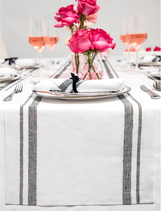Solino Home 100% Pure Linen Table Runner, 14 x 60 in, Black, French Stripe | Table Runners for dining, hallway and console tables | woven stripe, mitered corners | Black and White | OEKO-TEX Certified BST326SOLH
