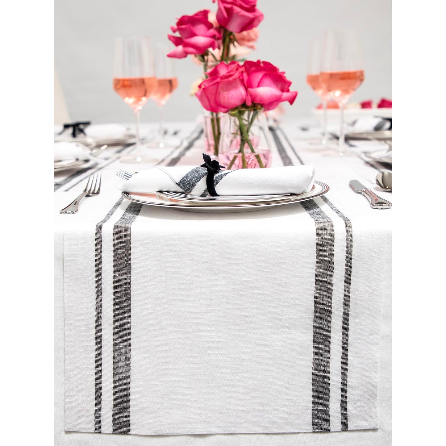 Solino Home 100% Pure Linen Table Runner, 14 x 60 in, Black, French Stripe | Table Runners for dining, hallway and console tables | woven stripe, mitered corners | Black and White | OEKO-TEX Certified BST326SOLH