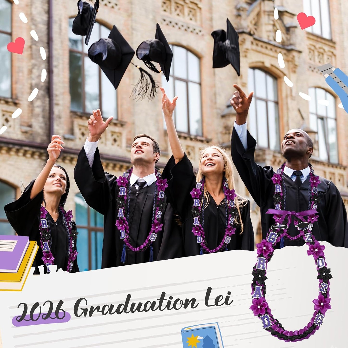 Thiccywoov Graduation Ribbon Lei Class of 2026 Grad Lei Kit Graduation Double Braided Necklace with Honor Cord for Graduate Women Men High School College Grad Party Supplies(Purple, Black) BST326H