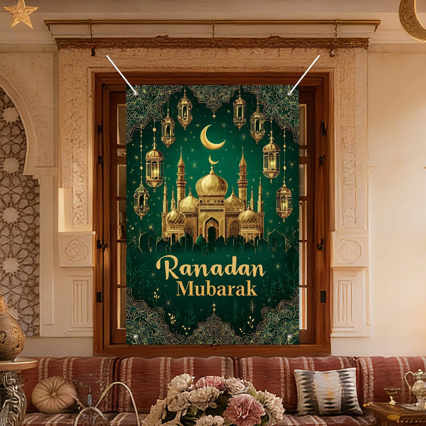 HOMETITUTE Eid Ramadan Window Banner Holiday Curtain Backdrop 31x47 Fabric | Mubarak Cover Festival Screen Windows Banner Hanging Living Room Bedroom Home Crescent Moon Star Pattern Design BST326H